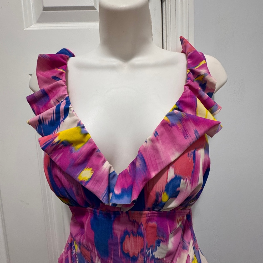 DKNY Pink and Blue One Piece Swimsuit with ruffle Plunging V-neckline size 10 - Picture 4 of 6